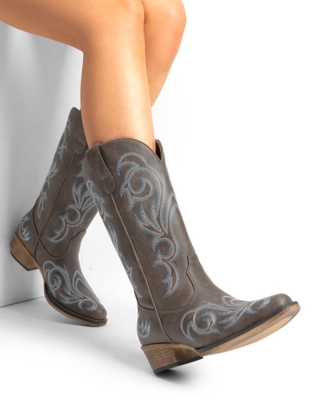 Women's Embroidered Western Mid-Calf Boots - Taupe